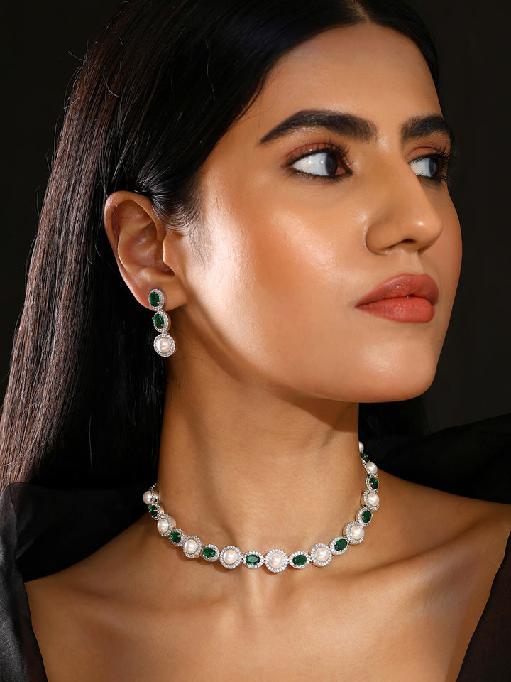 Priyaasi Pearl Emerald AD Silver Plating Necklace with Drop Earrings Jewellery Set