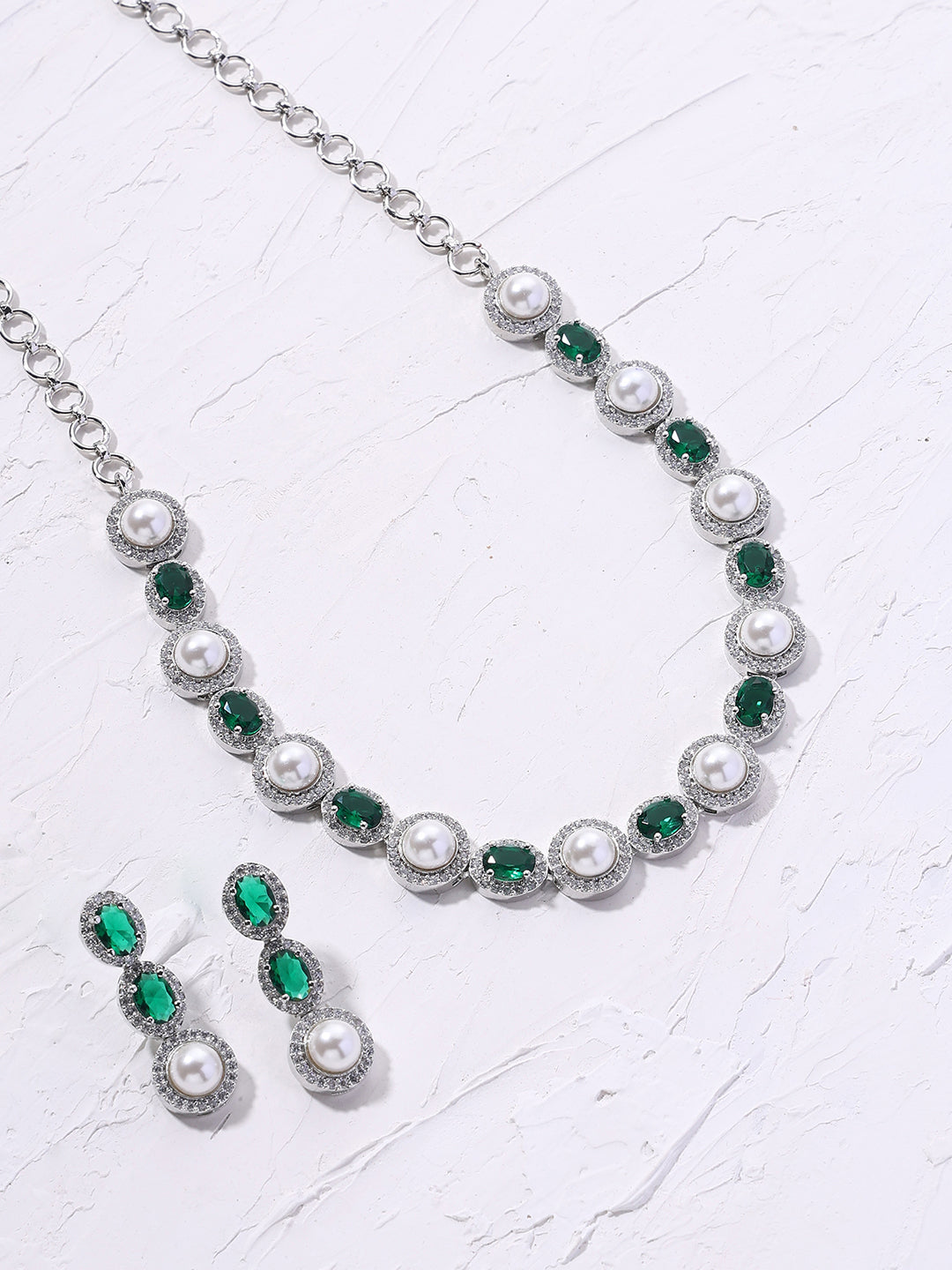 Priyaasi Pearl Emerald AD Silver Plating Necklace with Drop Earrings Jewellery Set