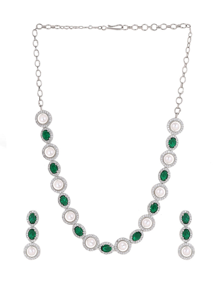 Priyaasi Pearl Emerald AD Silver Plating Necklace with Drop Earrings Jewellery Set