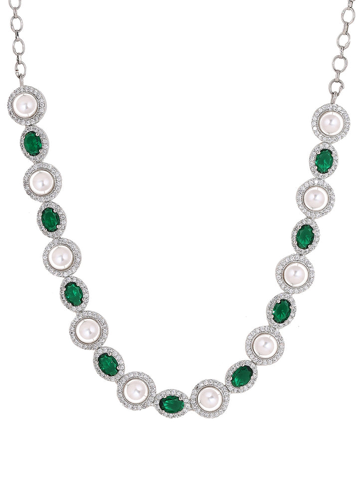 Priyaasi Pearl Emerald AD Silver Plating Necklace with Drop Earrings Jewellery Set