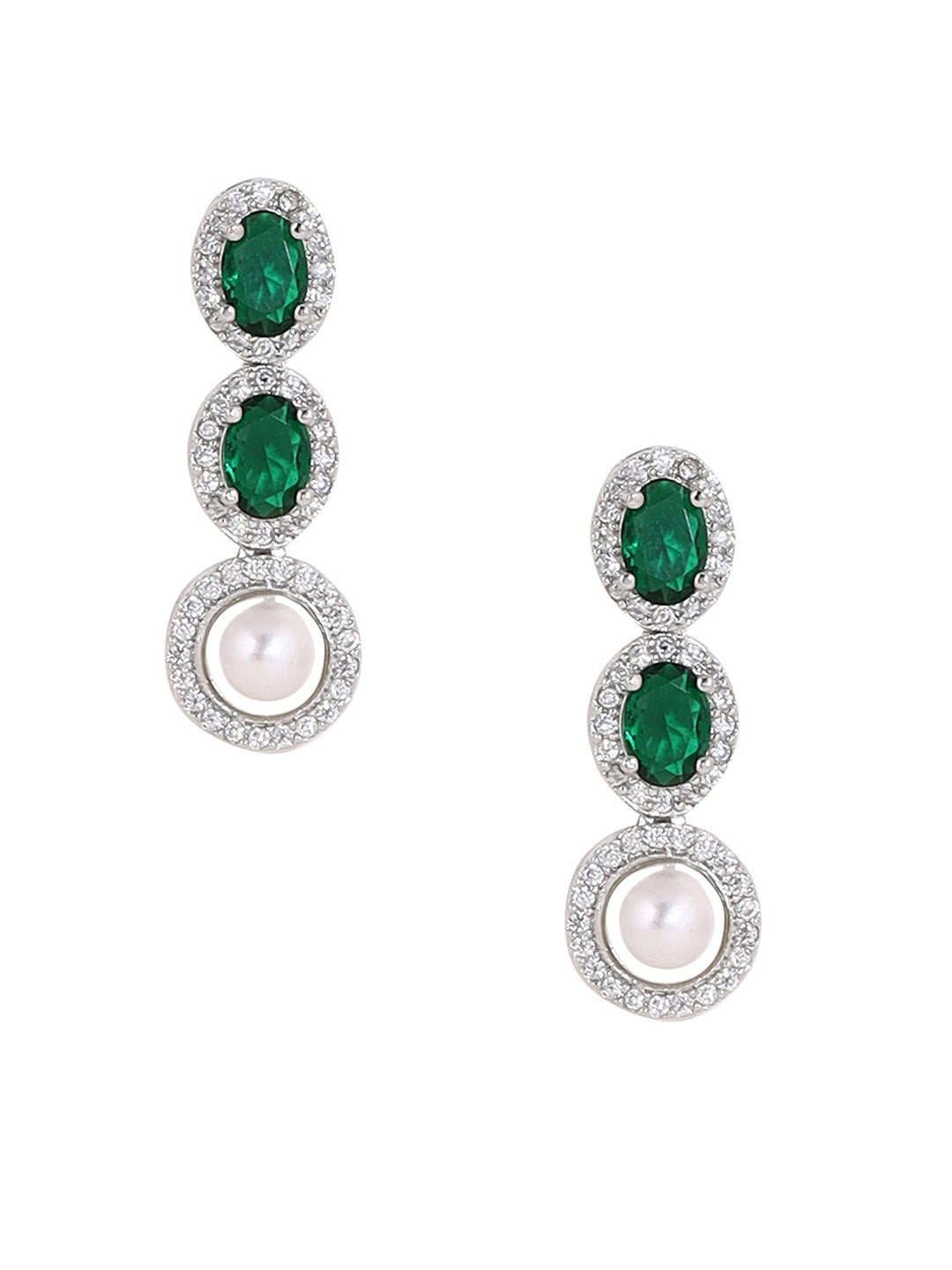 Priyaasi Pearl Emerald AD Silver Plating Necklace with Drop Earrings Jewellery Set