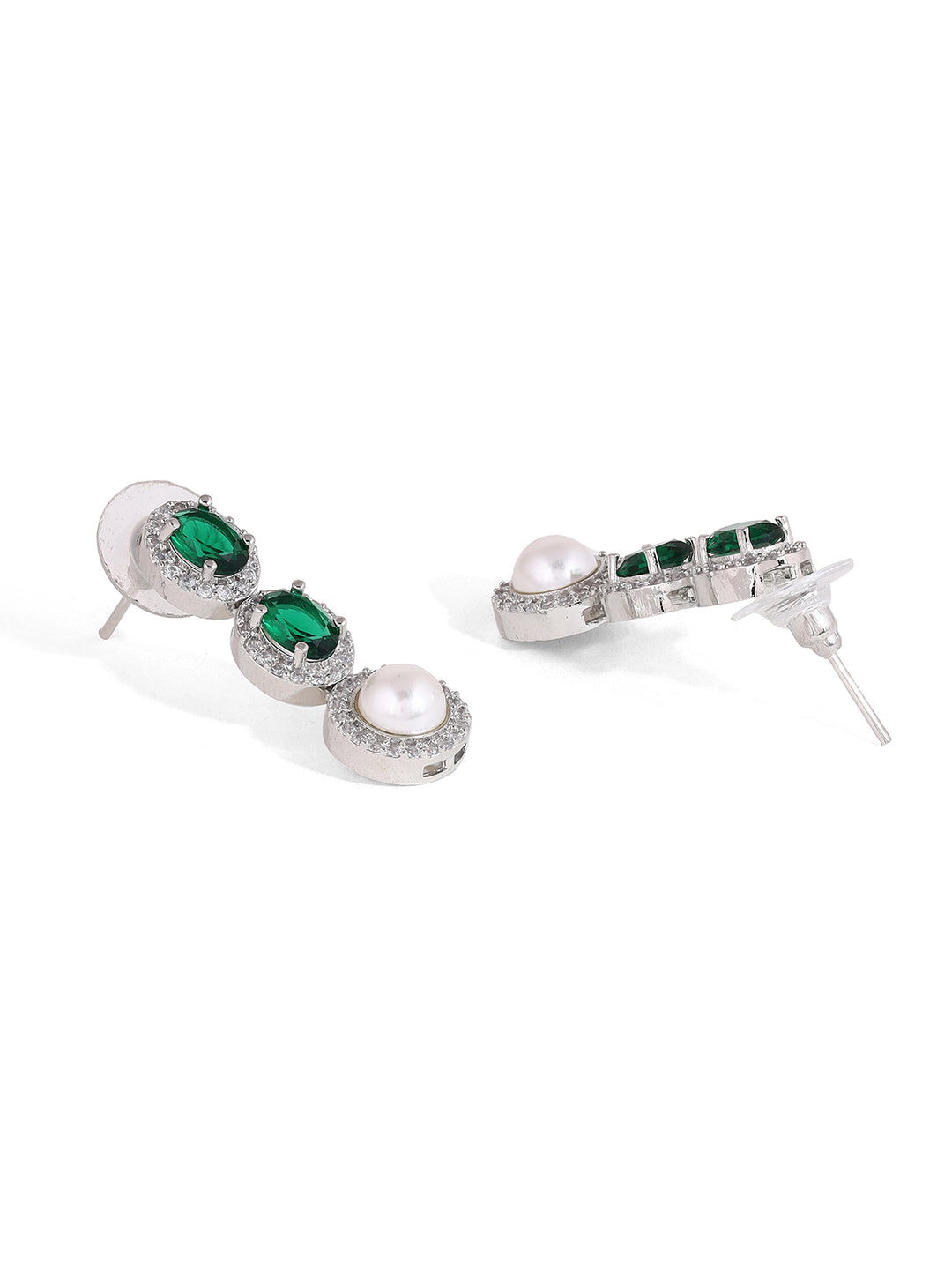 Priyaasi Pearl Emerald AD Silver Plating Necklace with Drop Earrings Jewellery Set