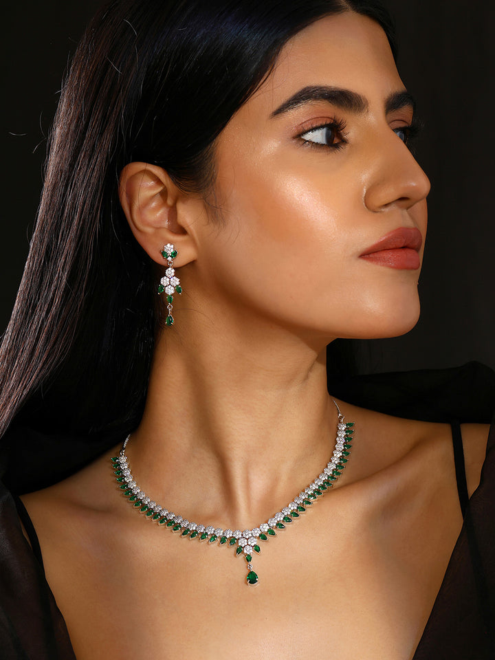 Priyaasi Elegant Emerald AD Combo Floral Design Silver Plating Necklace with Drop Earrings Jewellery Set