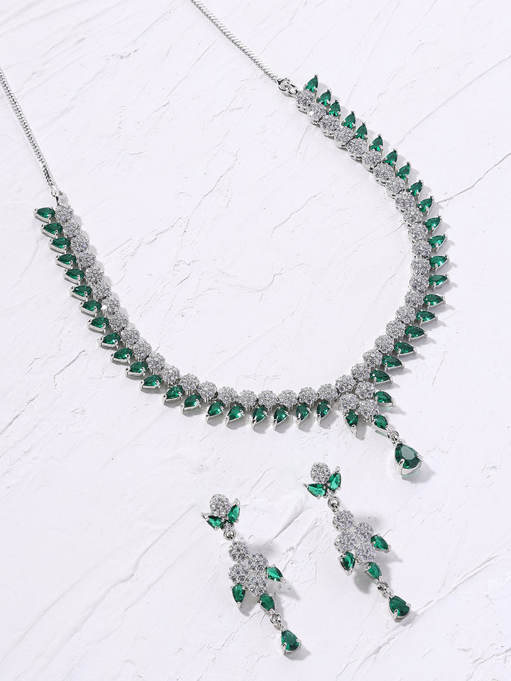 Priyaasi Elegant Emerald AD Combo Floral Design Silver Plating Necklace with Drop Earrings Jewellery Set