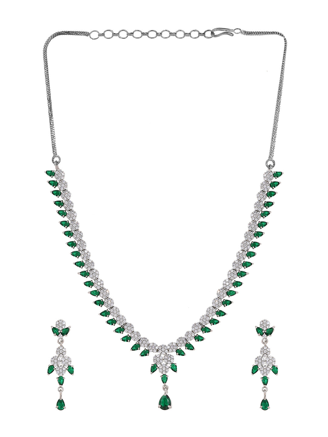 Priyaasi Elegant Emerald AD Combo Floral Design Silver Plating Necklace with Drop Earrings Jewellery Set