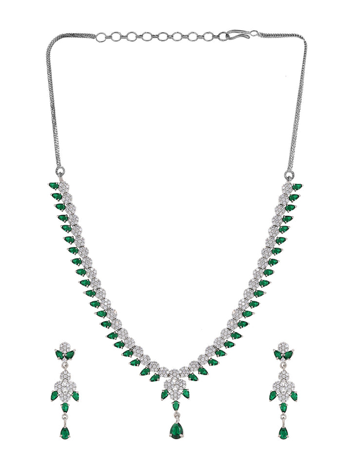 Priyaasi Elegant Emerald AD Combo Floral Design Silver Plating Necklace with Drop Earrings Jewellery Set