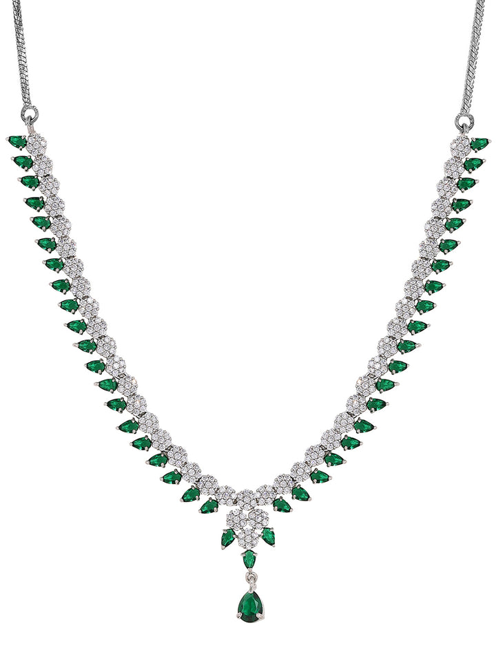 Priyaasi Elegant Emerald AD Combo Floral Design Silver Plating Necklace with Drop Earrings Jewellery Set