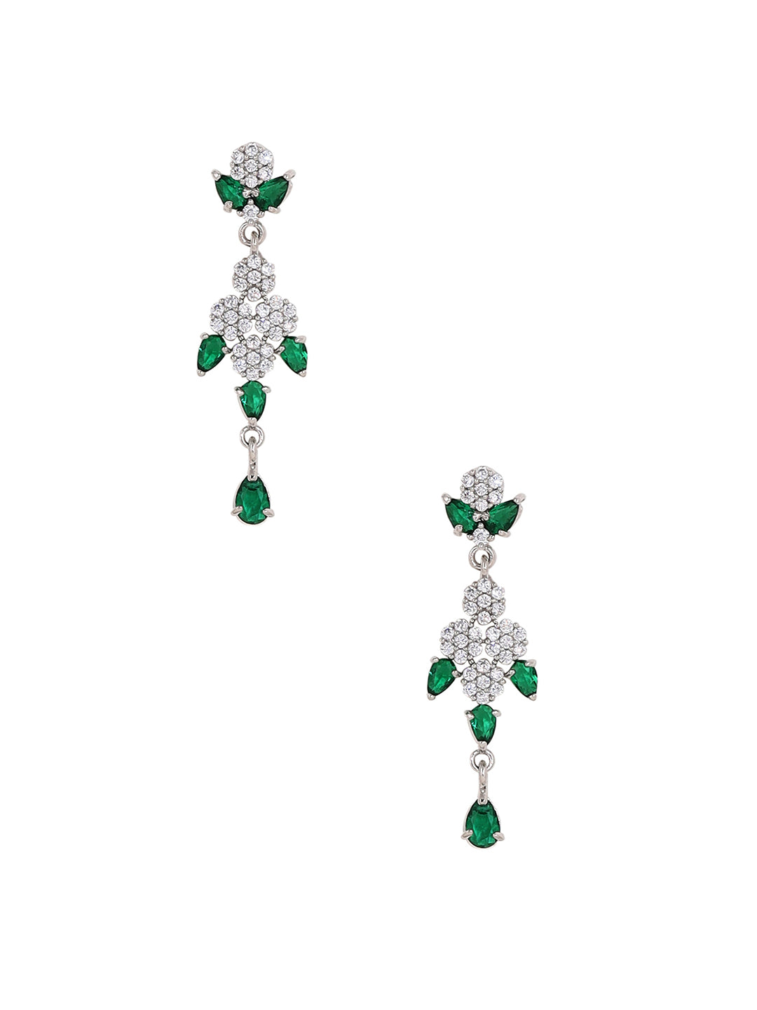 Priyaasi Elegant Emerald AD Combo Floral Design Silver Plating Necklace with Drop Earrings Jewellery Set