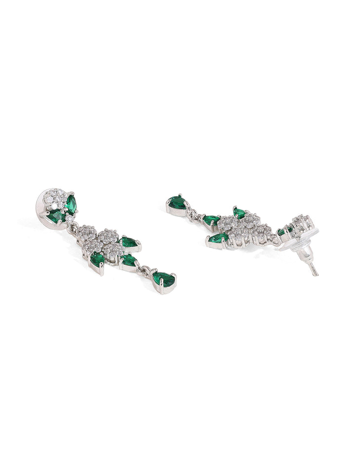 Priyaasi Elegant Emerald AD Combo Floral Design Silver Plating Necklace with Drop Earrings Jewellery Set