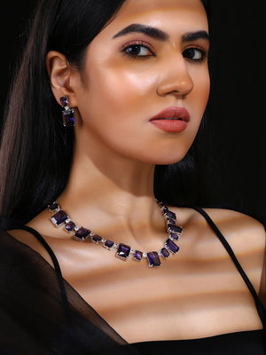 Priyaasi Purple Geometrical Design Silver Plating Necklace with Elegant Drop Earrings Jewellery Set