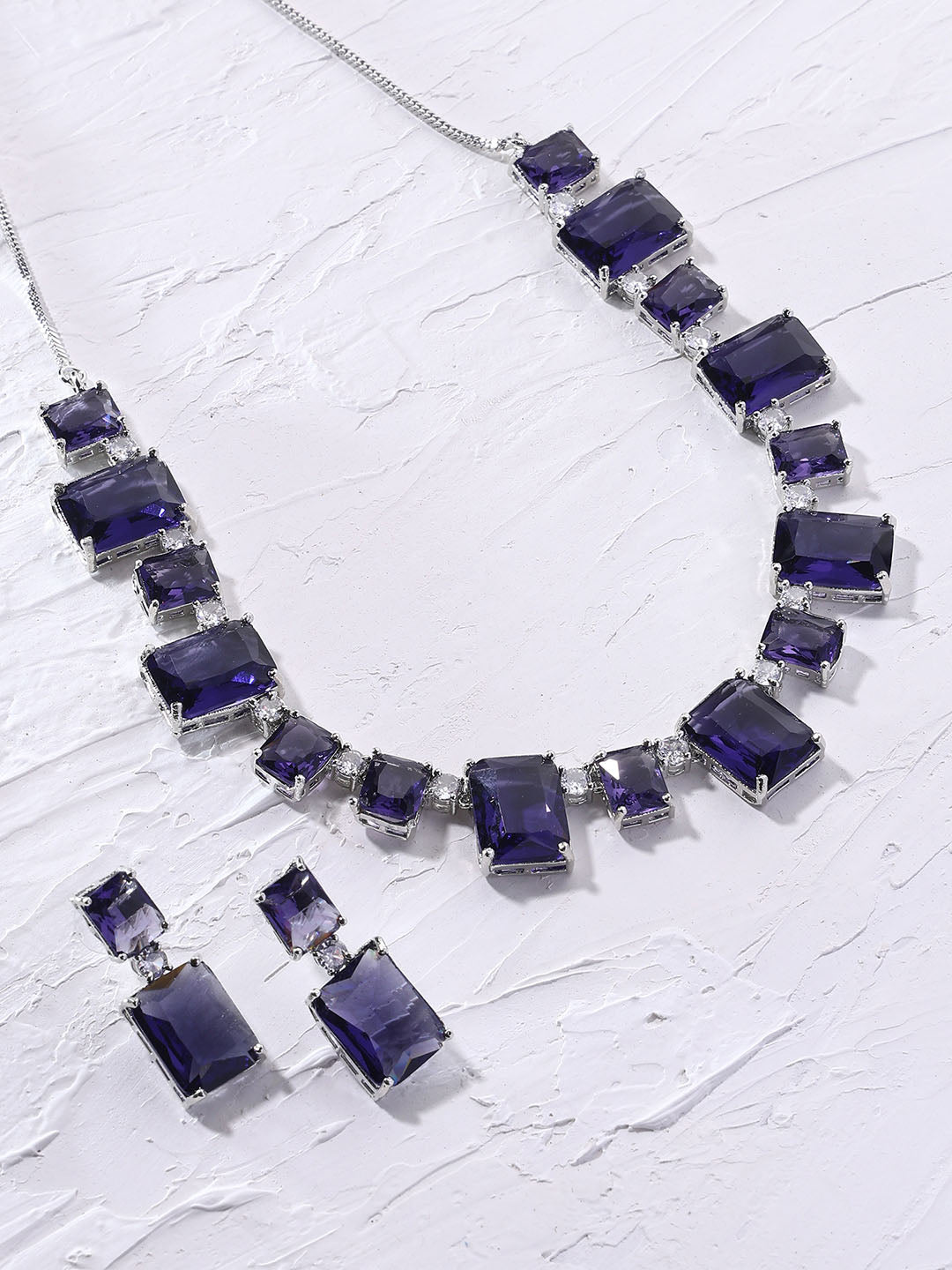 Priyaasi Purple Geometrical Design Silver Plating Necklace with Elegant Drop Earrings Jewellery Set