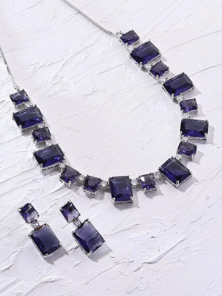 Priyaasi Purple Geometrical Design Silver Plating Necklace with Elegant Drop Earrings Jewellery Set