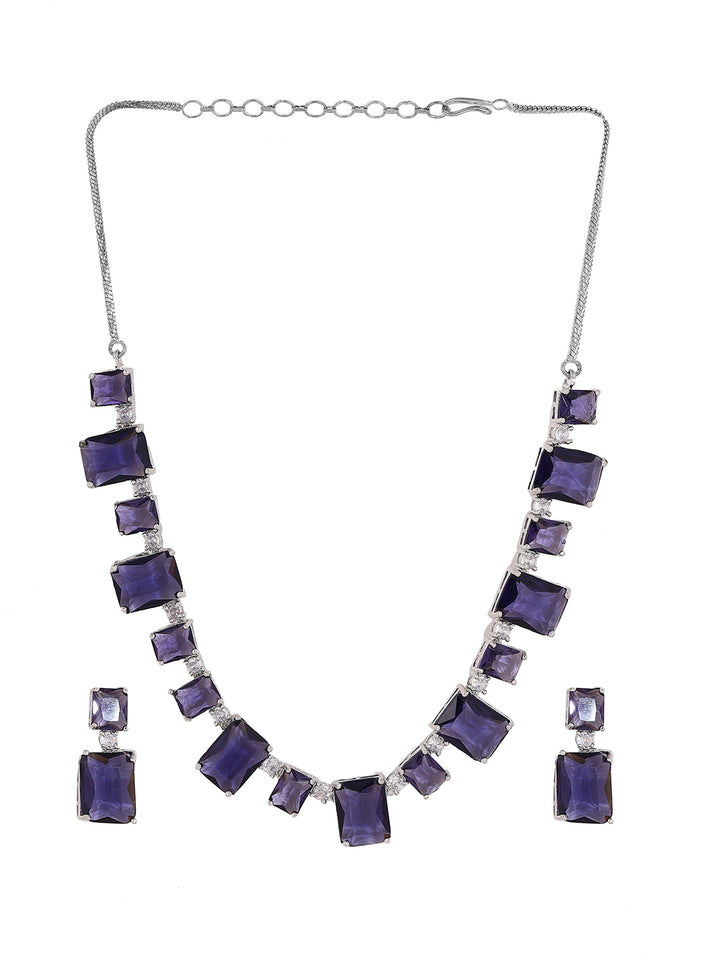 Priyaasi Purple Geometrical Design Silver Plating Necklace with Elegant Drop Earrings Jewellery Set