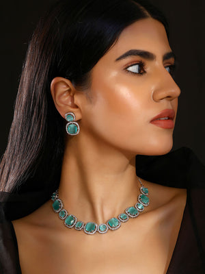 Priyaasi Minit AD Geometrical Shape Sequence Silver Plating Necklace with Drop Earrings Jewellery Set