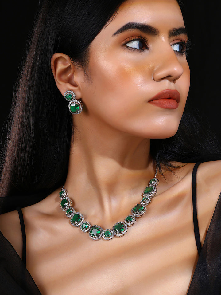 Priyaasi Emerald Elegance AD Geometrical Pattern Silver Plating Necklace with Drop Earrings Jewellery Set