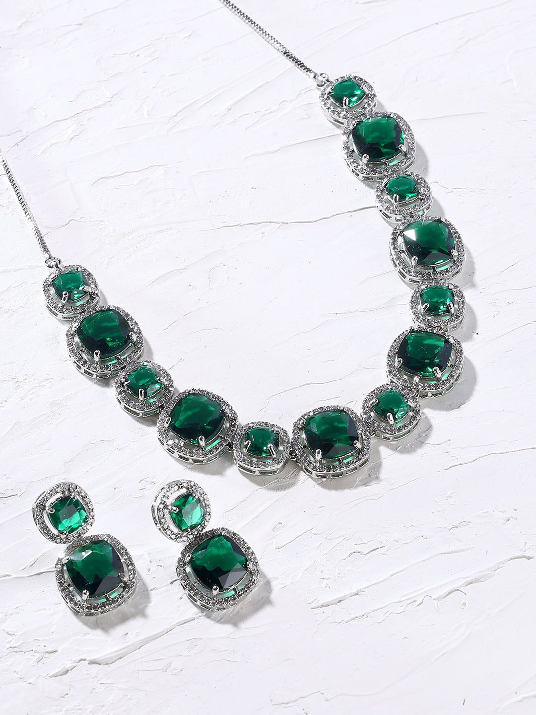 Priyaasi Emerald Elegance AD Geometrical Pattern Silver Plating Necklace with Drop Earrings Jewellery Set