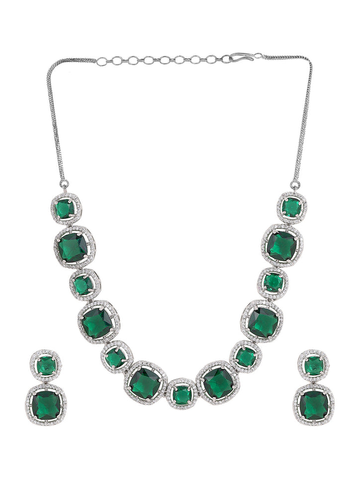 Priyaasi Emerald Elegance AD Geometrical Pattern Silver Plating Necklace with Drop Earrings Jewellery Set