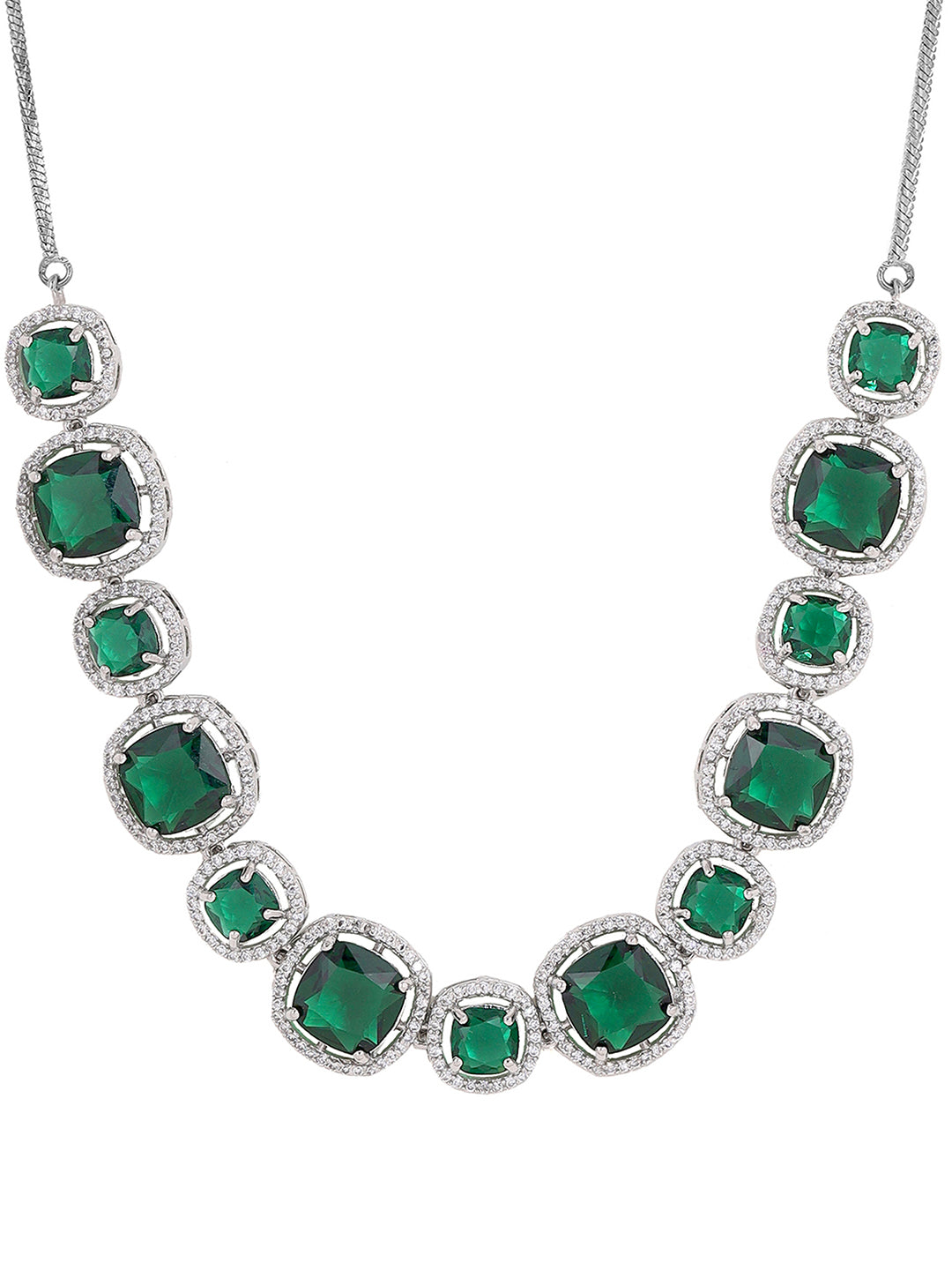 Priyaasi Emerald Elegance AD Geometrical Pattern Silver Plating Necklace with Drop Earrings Jewellery Set