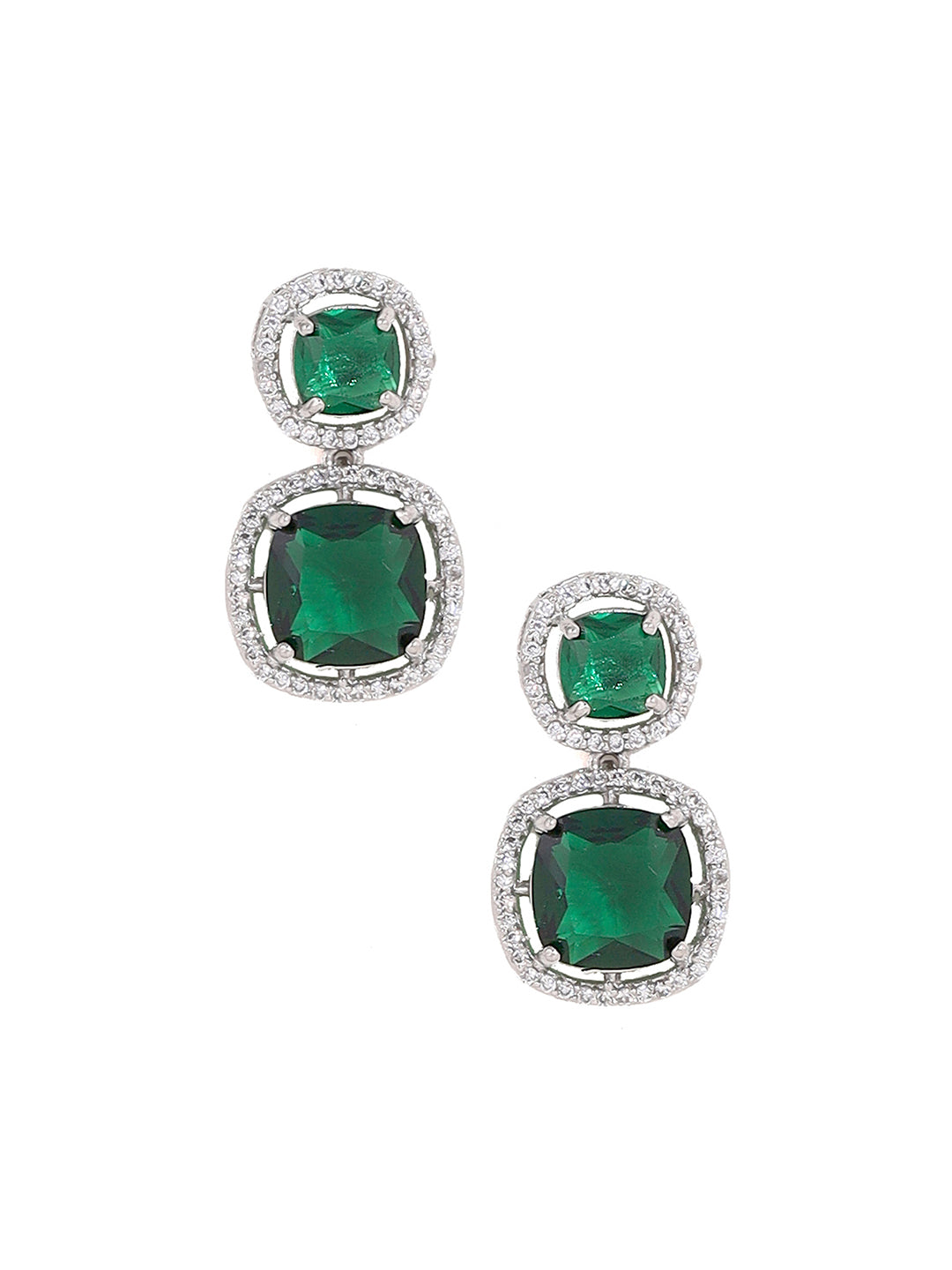 Priyaasi Emerald Elegance AD Geometrical Pattern Silver Plating Necklace with Drop Earrings Jewellery Set