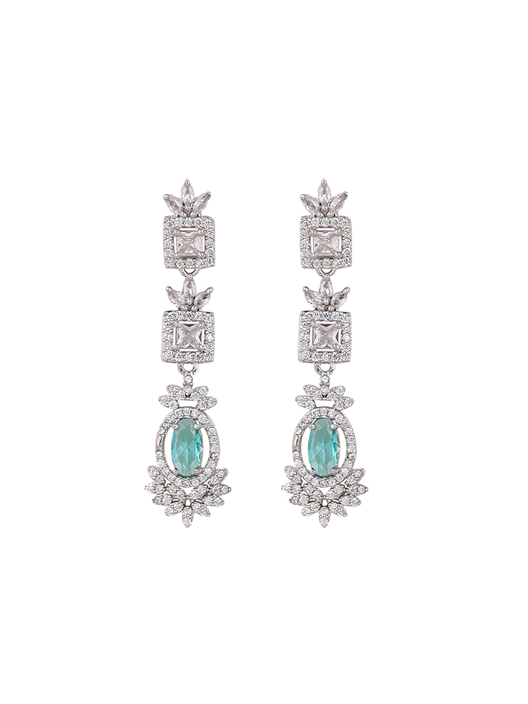 Priyaasi Mint Stone AD Elegance Two Layered Floral Necklace with Elegant Drop Earrings Jewellery Set