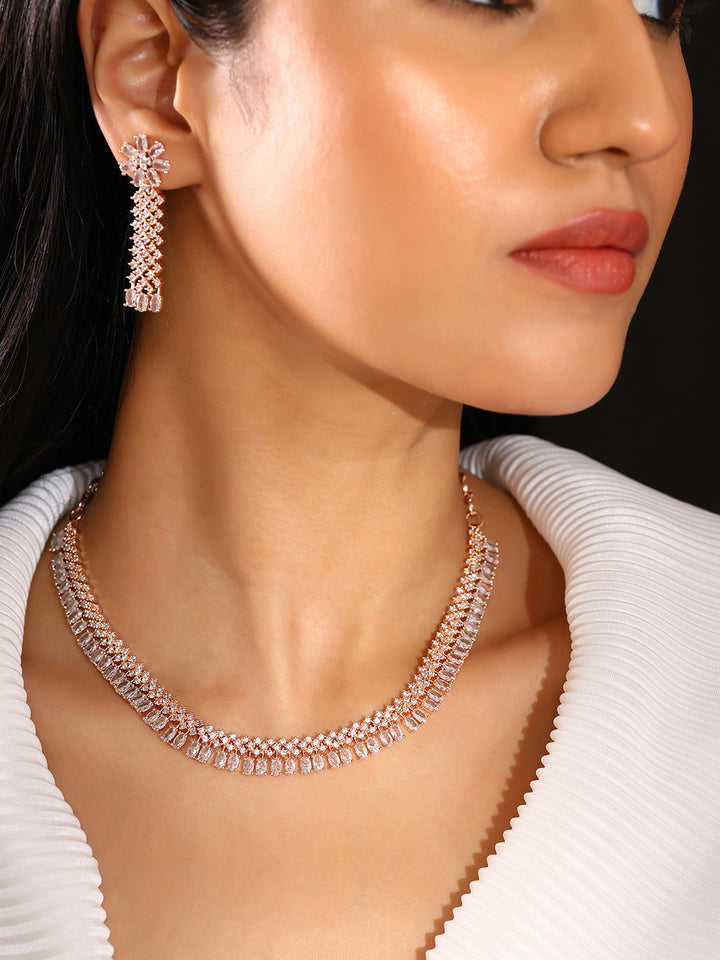 Priyaasi AD Blossom Grace Rosegold Plating Necklace with Drop Floral Earrings Jewellery Set