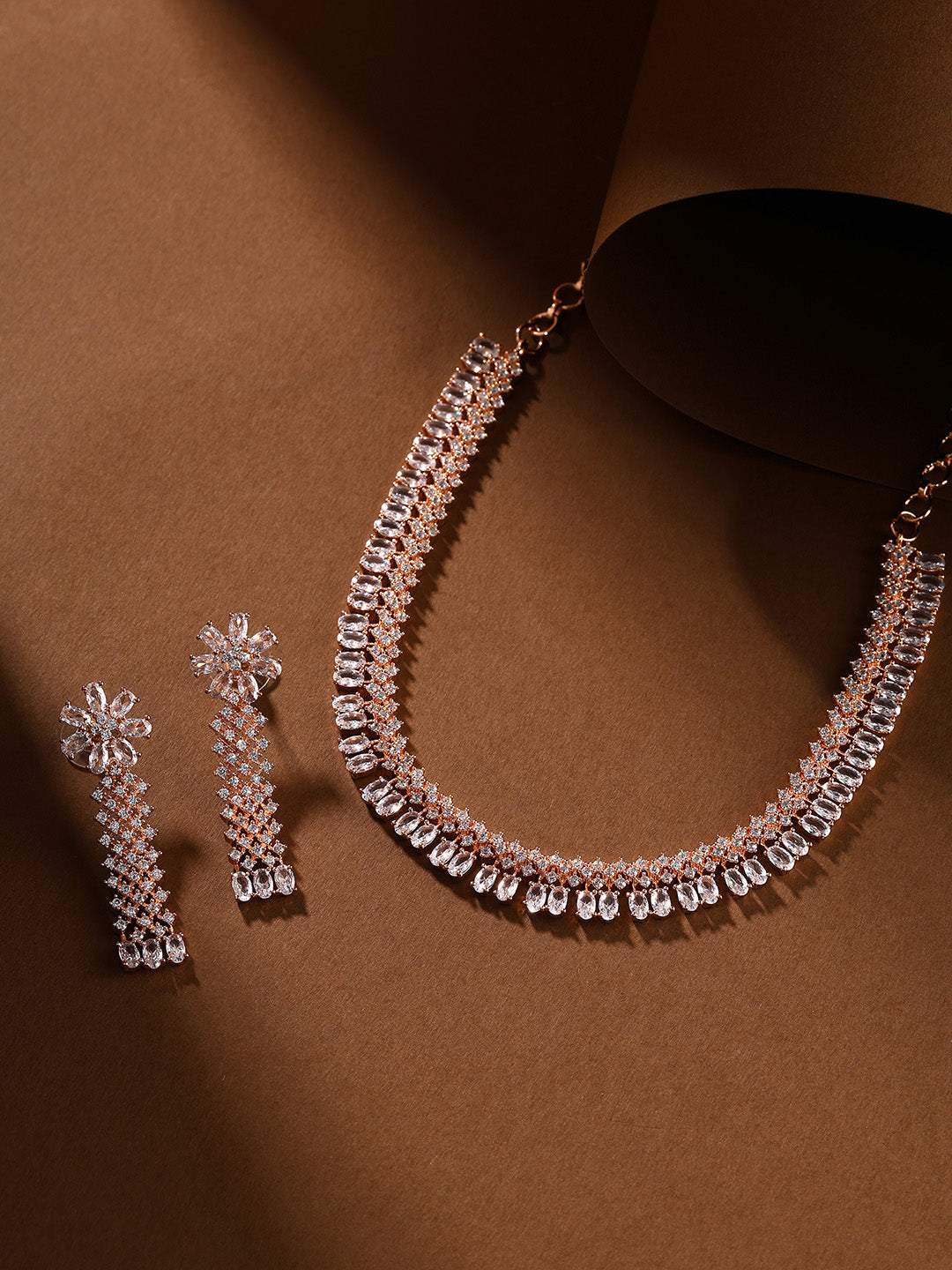 Priyaasi AD Blossom Grace Rosegold Plating Necklace with Drop Floral Earrings Jewellery Set