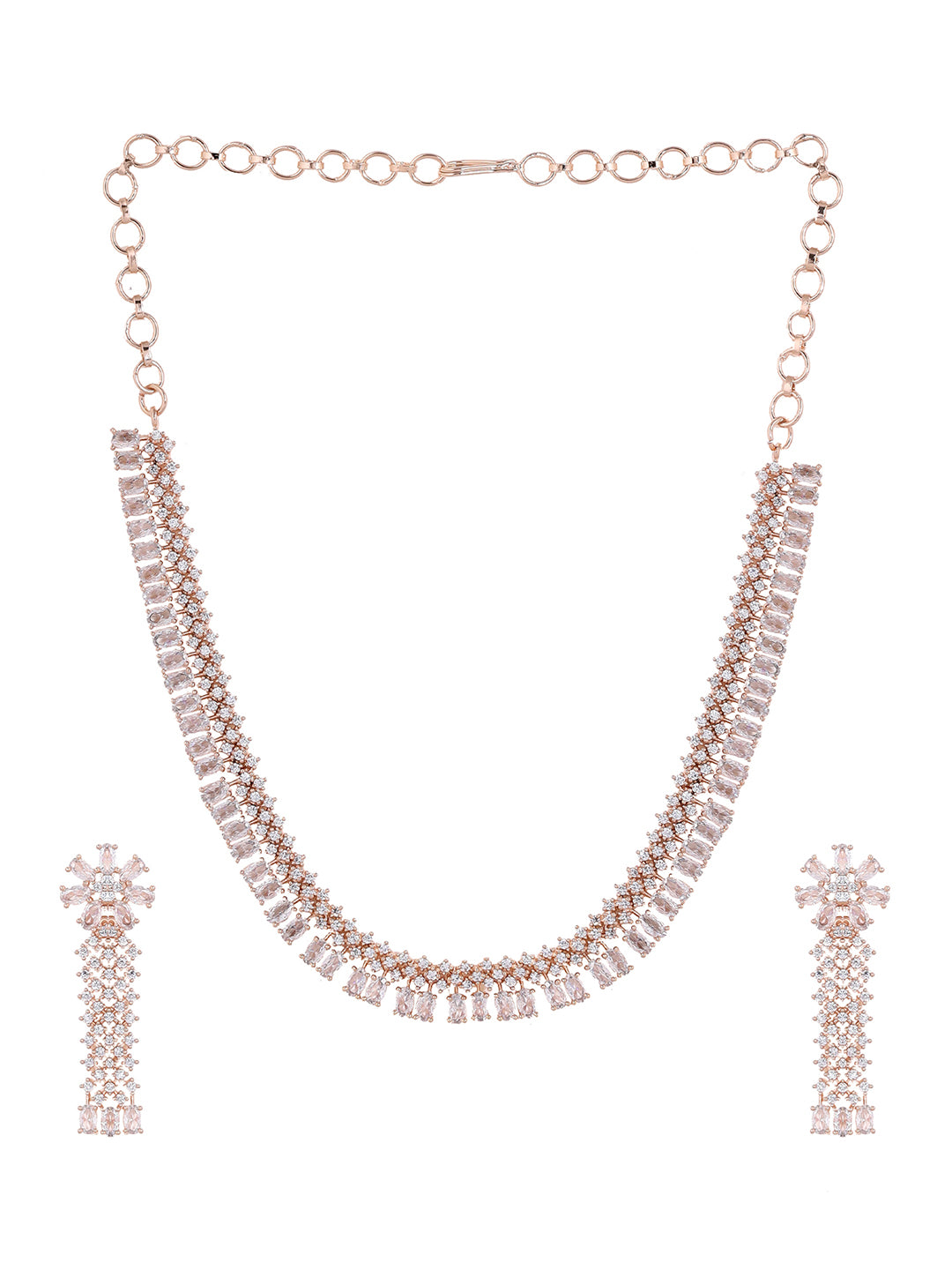 Priyaasi AD Blossom Grace Rosegold Plating Necklace with Drop Floral Earrings Jewellery Set