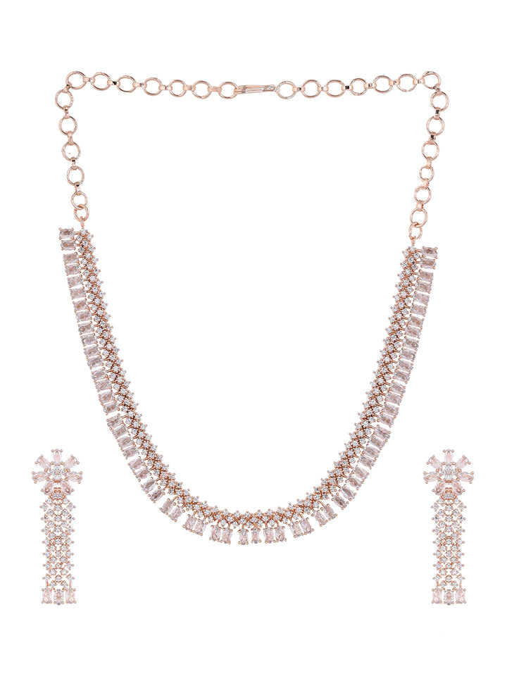 Priyaasi AD Blossom Grace Rosegold Plating Necklace with Drop Floral Earrings Jewellery Set