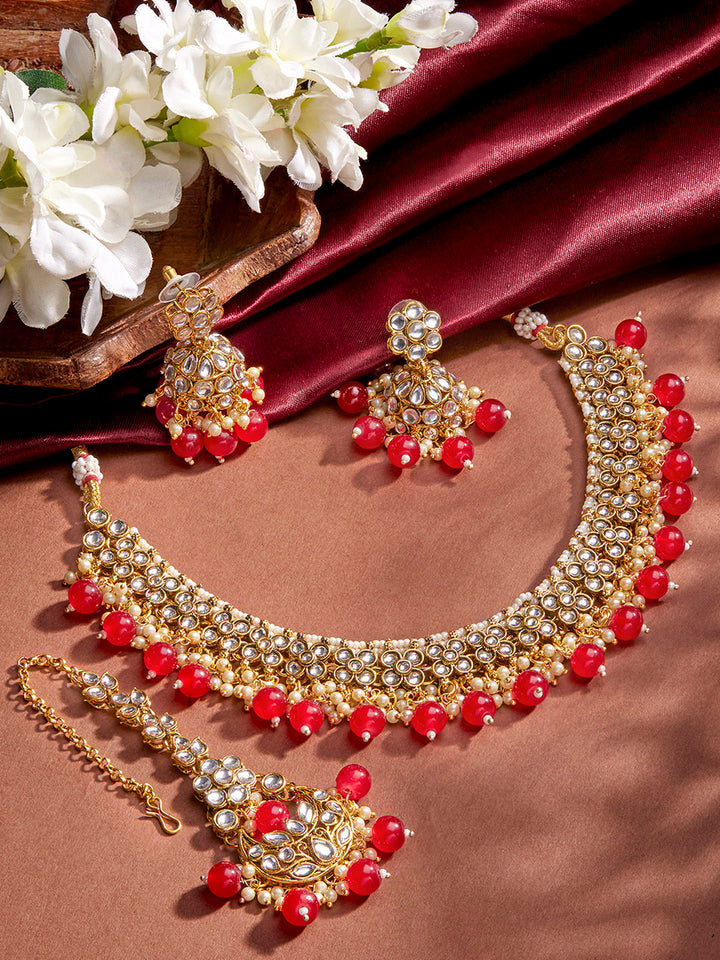 Priyaasi Floral Design Red Beads Necklace Jhumki Earrings Gold Plated Maangtika Jewellery Set