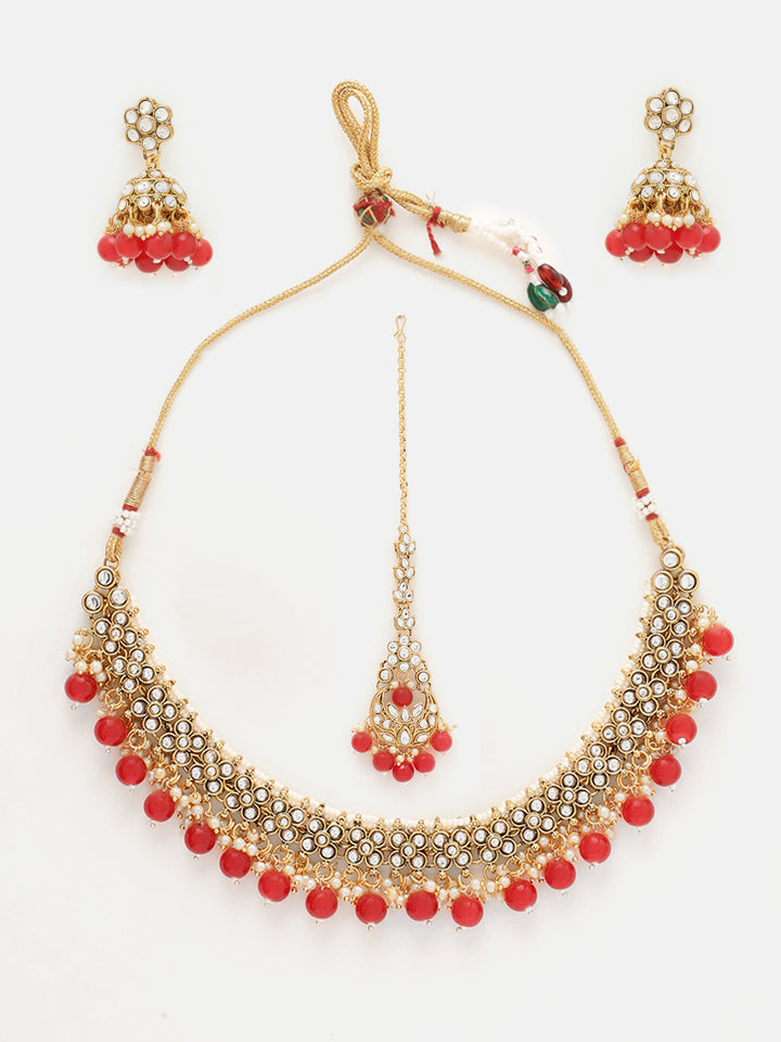 Priyaasi Floral Design Red Beads Necklace Jhumki Earrings Gold Plated Maangtika Jewellery Set