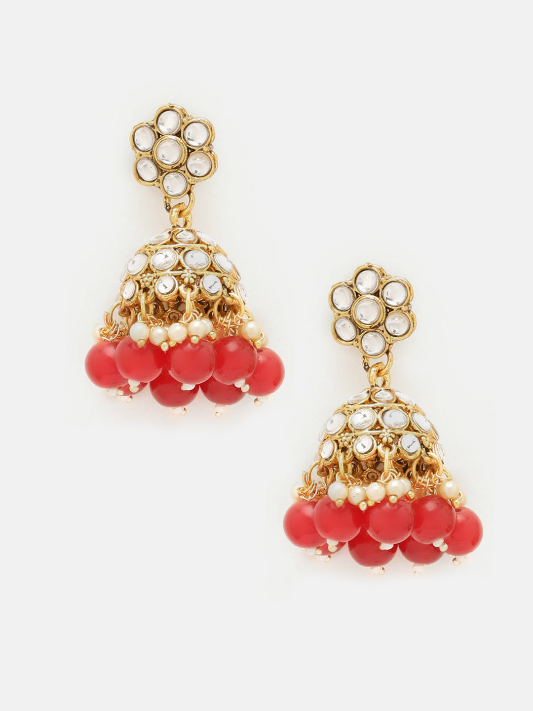 Priyaasi Floral Design Red Beads Necklace Jhumki Earrings Gold Plated Maangtika Jewellery Set