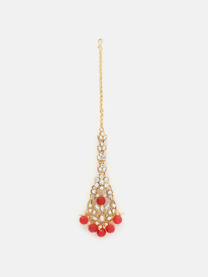 Priyaasi Floral Design Red Beads Necklace Jhumki Earrings Gold Plated Maangtika Jewellery Set