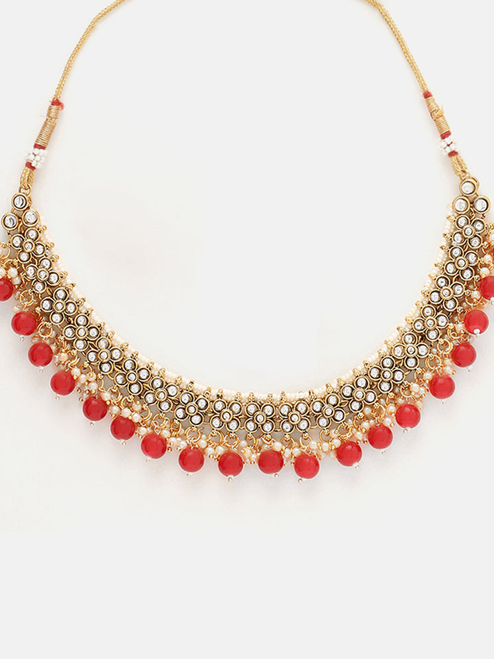 Priyaasi Floral Design Red Beads Necklace Jhumki Earrings Gold Plated Maangtika Jewellery Set