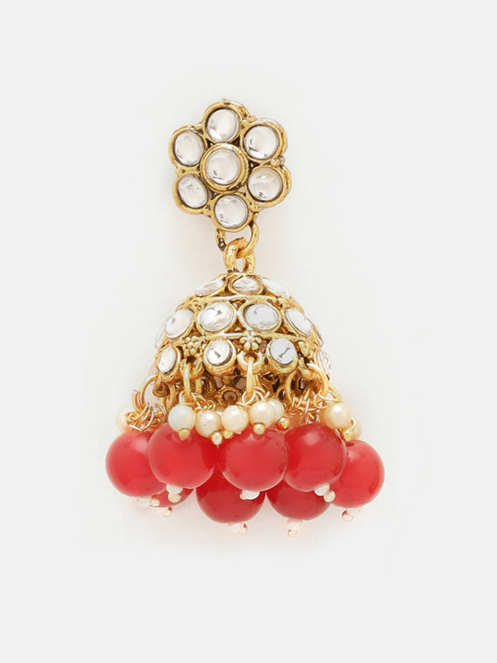 Priyaasi Floral Design Red Beads Necklace Jhumki Earrings Gold Plated Maangtika Jewellery Set