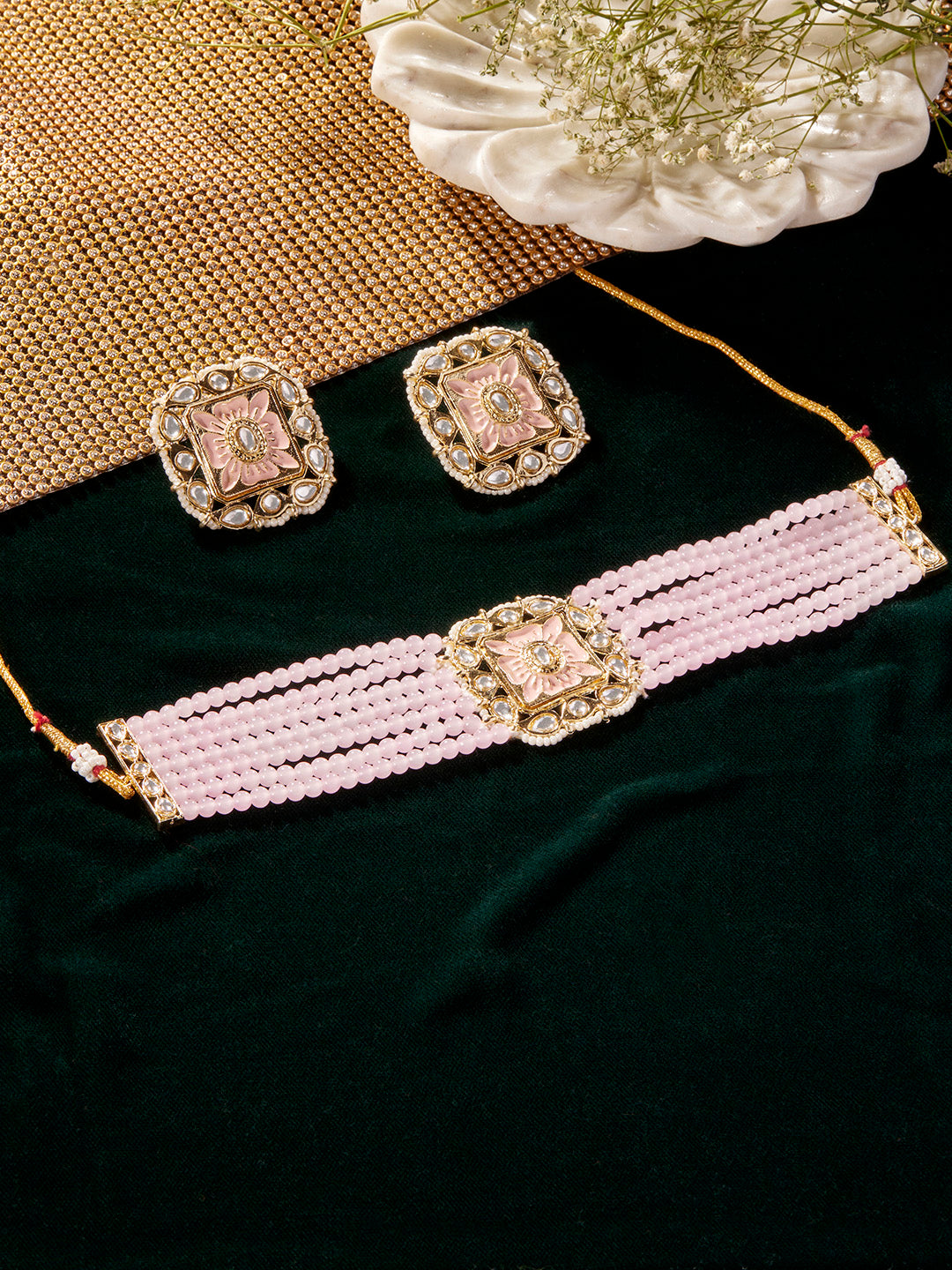 Priyaasi Plain Pink Meenakari Kundan Choker Design with Stud Earrings Jewellery Set