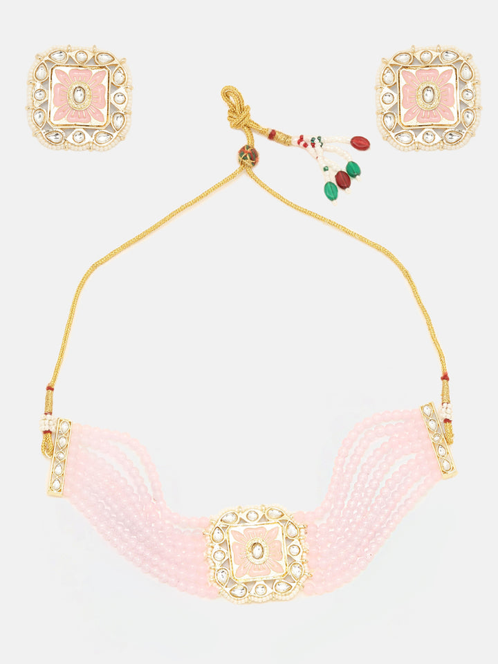 Priyaasi Plain Pink Meenakari Kundan Choker Design with Stud Earrings Jewellery Set
