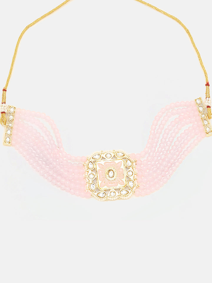 Priyaasi Plain Pink Meenakari Kundan Choker Design with Stud Earrings Jewellery Set