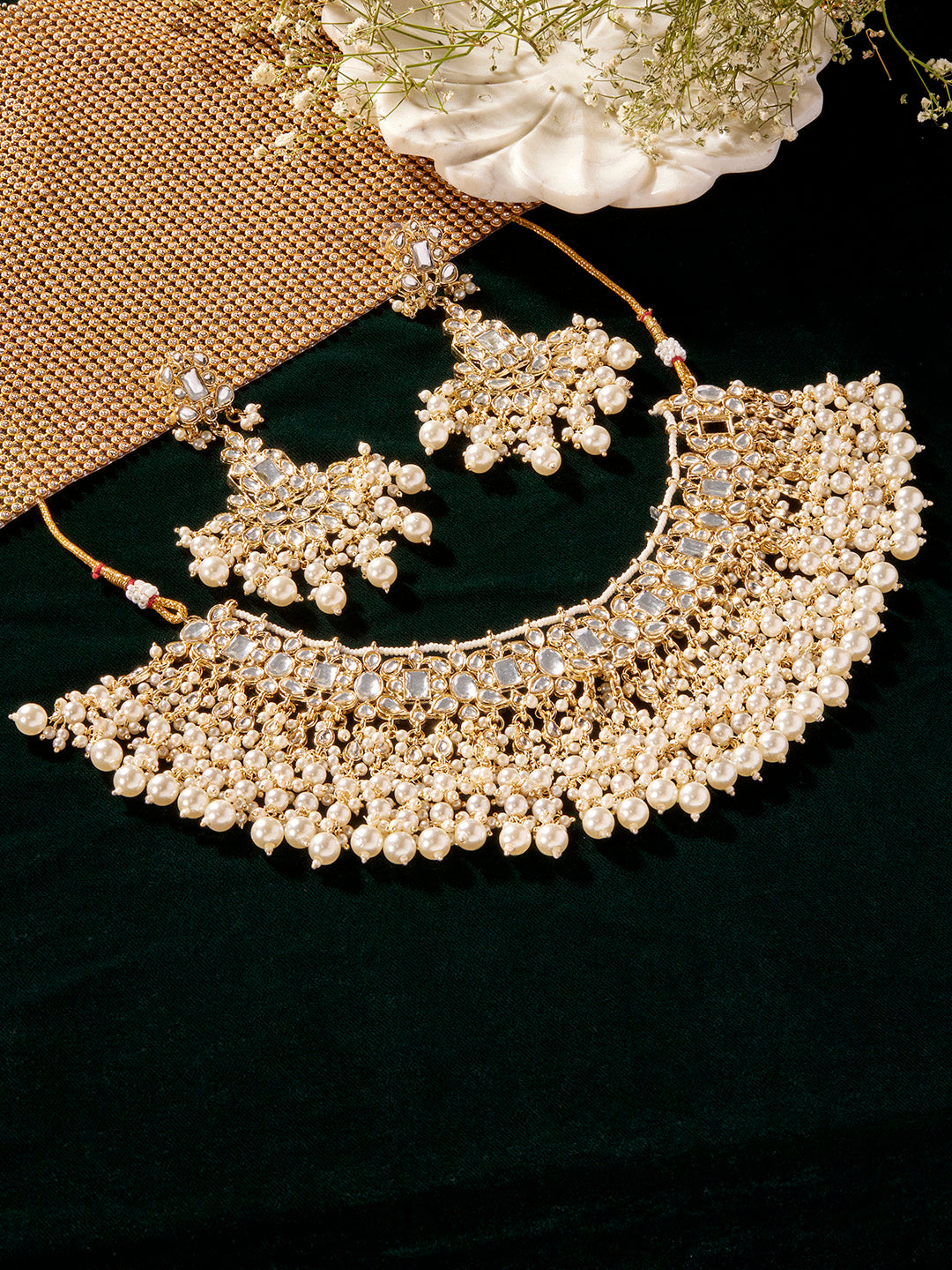 Priyaasi Floral Kundan Pearl Tassels Chocker Necklace Chandbali Pearl Design Earrings Jewellery Set