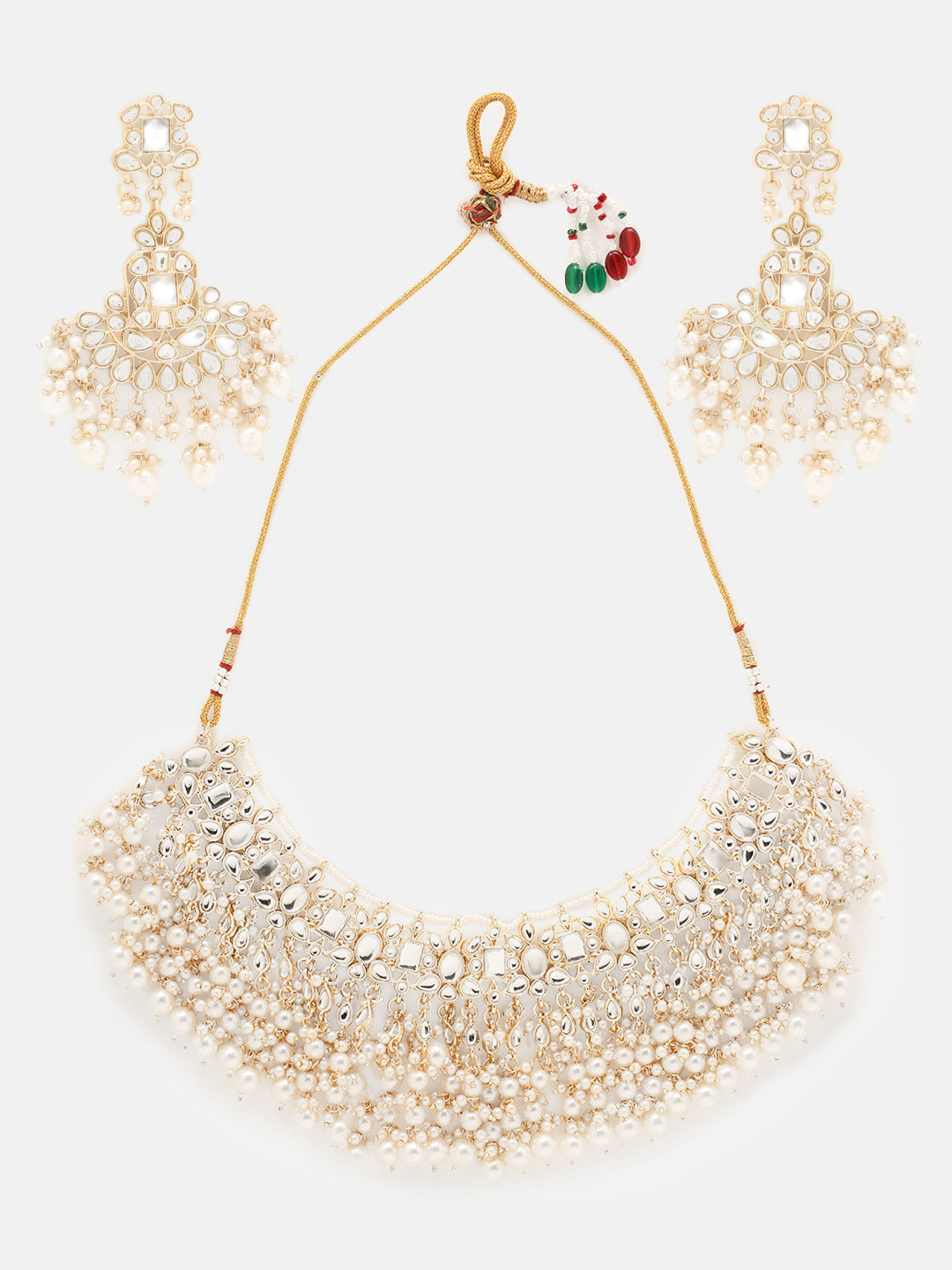 Priyaasi Floral Kundan Pearl Tassels Chocker Necklace Chandbali Pearl Design Earrings Jewellery Set