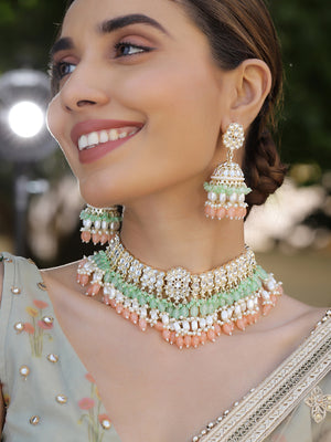 Priyaasi Peach Mint Beads Kundan Chocker Necklace with Jhumkas Gold Plated Jewellery Set