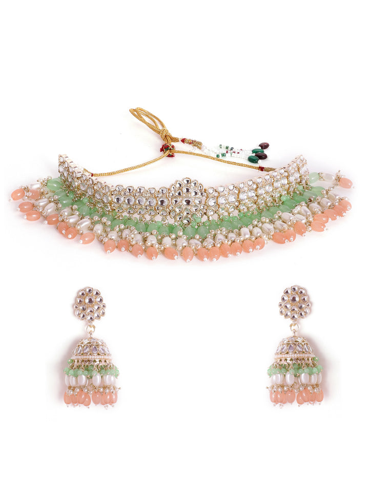 Priyaasi Peach Mint Beads Kundan Chocker Necklace with Jhumkas Gold Plated Jewellery Set