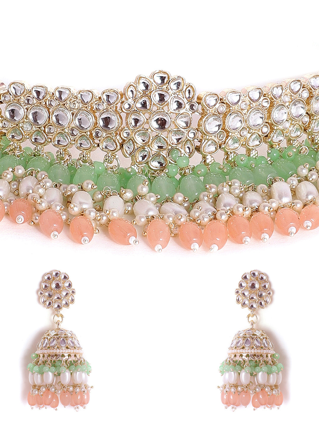 Priyaasi Peach Mint Beads Kundan Chocker Necklace with Jhumkas Gold Plated Jewellery Set