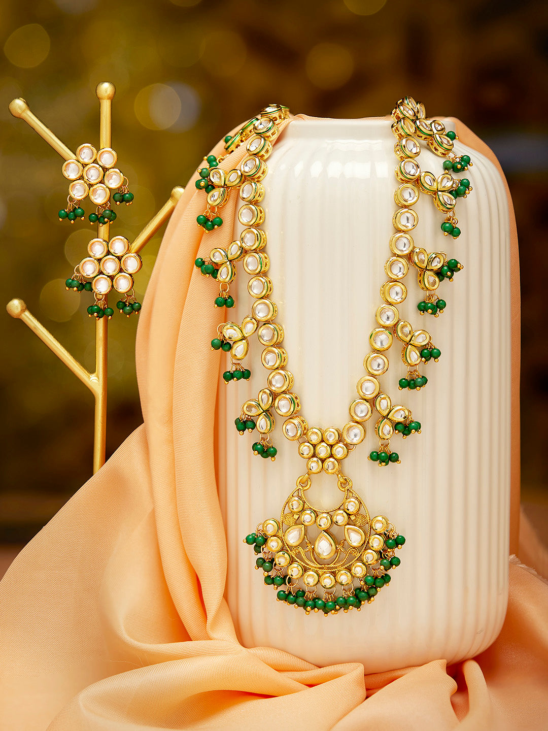 Priyaasi Green Kundan Beads Gold Plated Necklace with Floral Design Earrings Jewellery Set