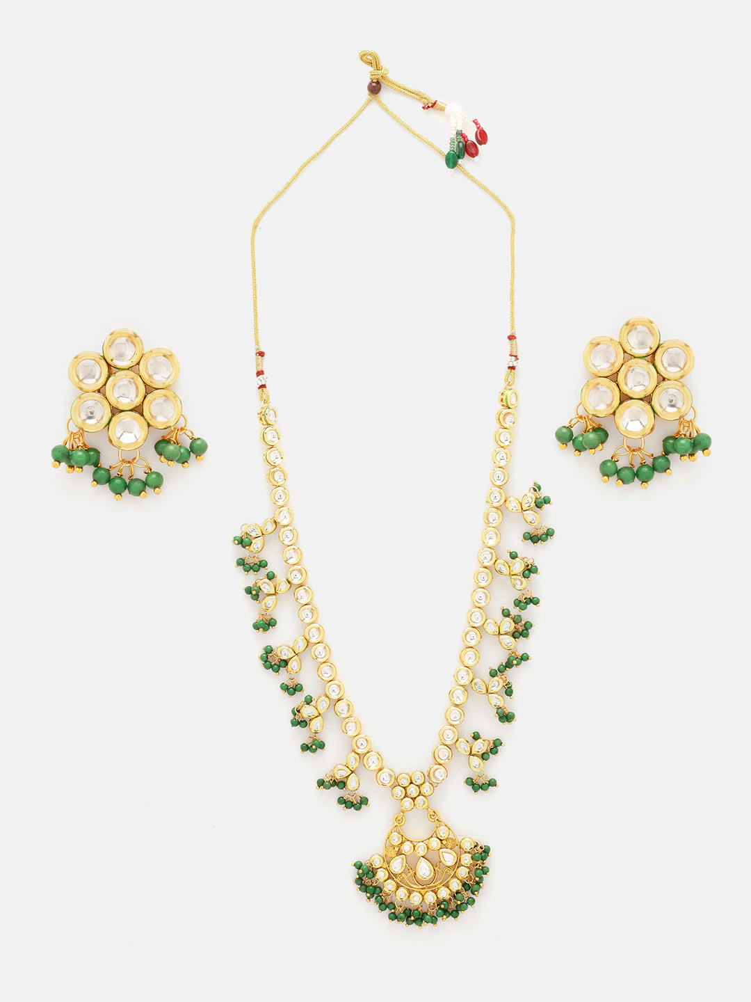 Priyaasi Green Kundan Beads Gold Plated Necklace with Floral Design Earrings Jewellery Set