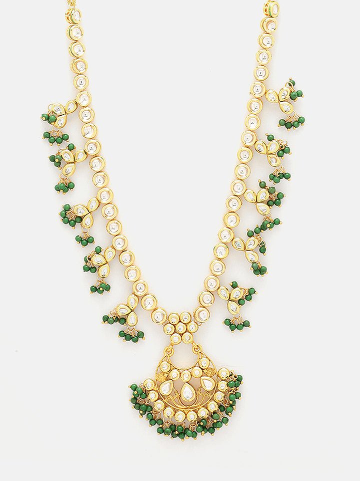 Priyaasi Green Kundan Beads Gold Plated Necklace with Floral Design Earrings Jewellery Set