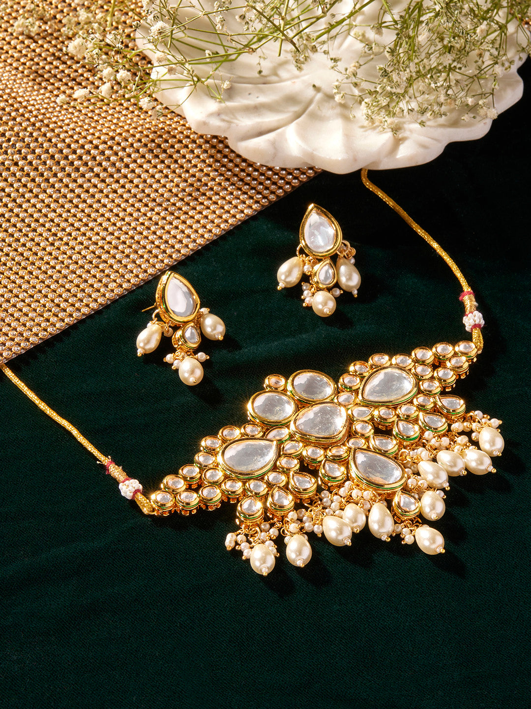 Priyaasi Finest Kundan Gold Plated Choker Necklace with Chic Drop Pearl Earring Jewellery Set