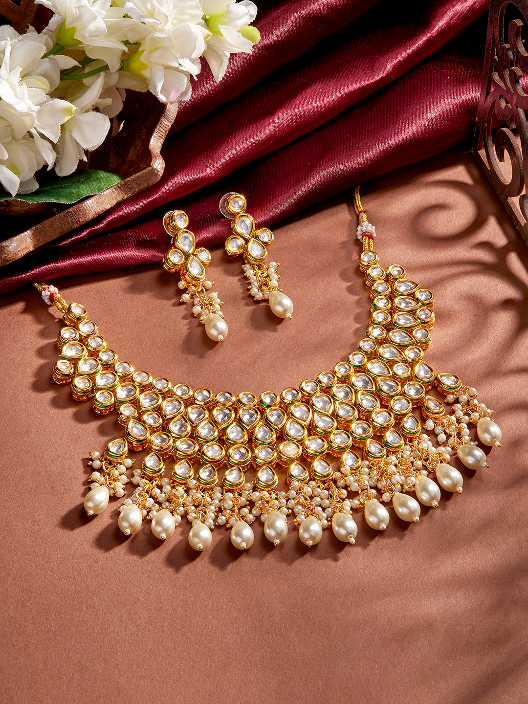 Priyaasi Plain Elegance Kundan Pearl Pattern Choker Necklace Gold Plated Design Earrings Jewellery Set