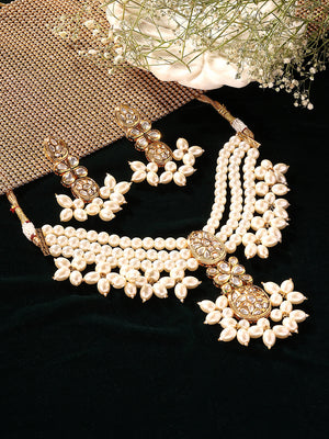 Priyaasi Floral Pearl Choker Gold plated Design Necklace Kundan Elegant Pattern Earring Jewellery Set