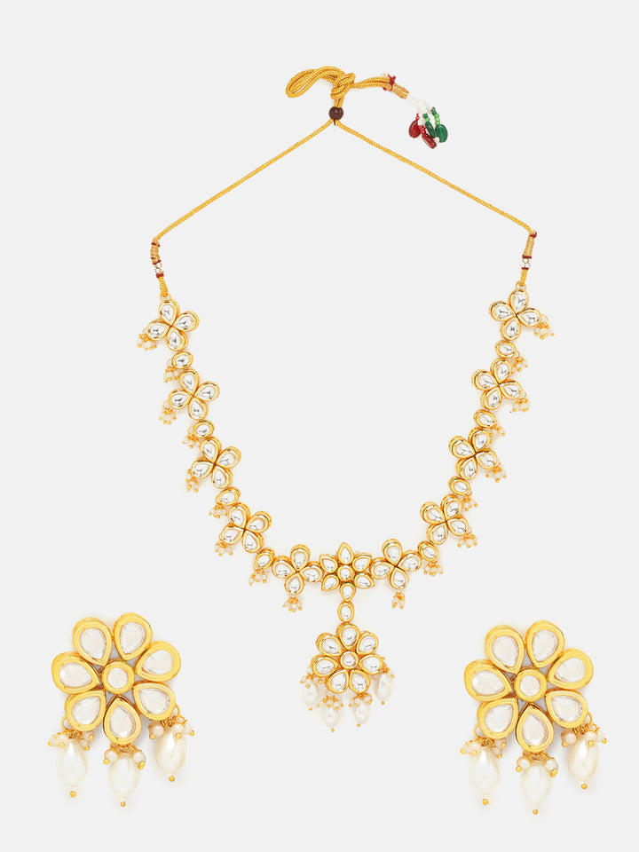 Priyaasi Opulent Pearl Kundan Elegance Floral Gold Plated Necklace with Earrings Jewellery Set