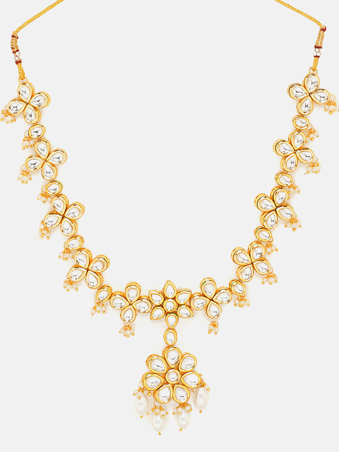 Priyaasi Opulent Pearl Kundan Elegance Floral Gold Plated Necklace with Earrings Jewellery Set